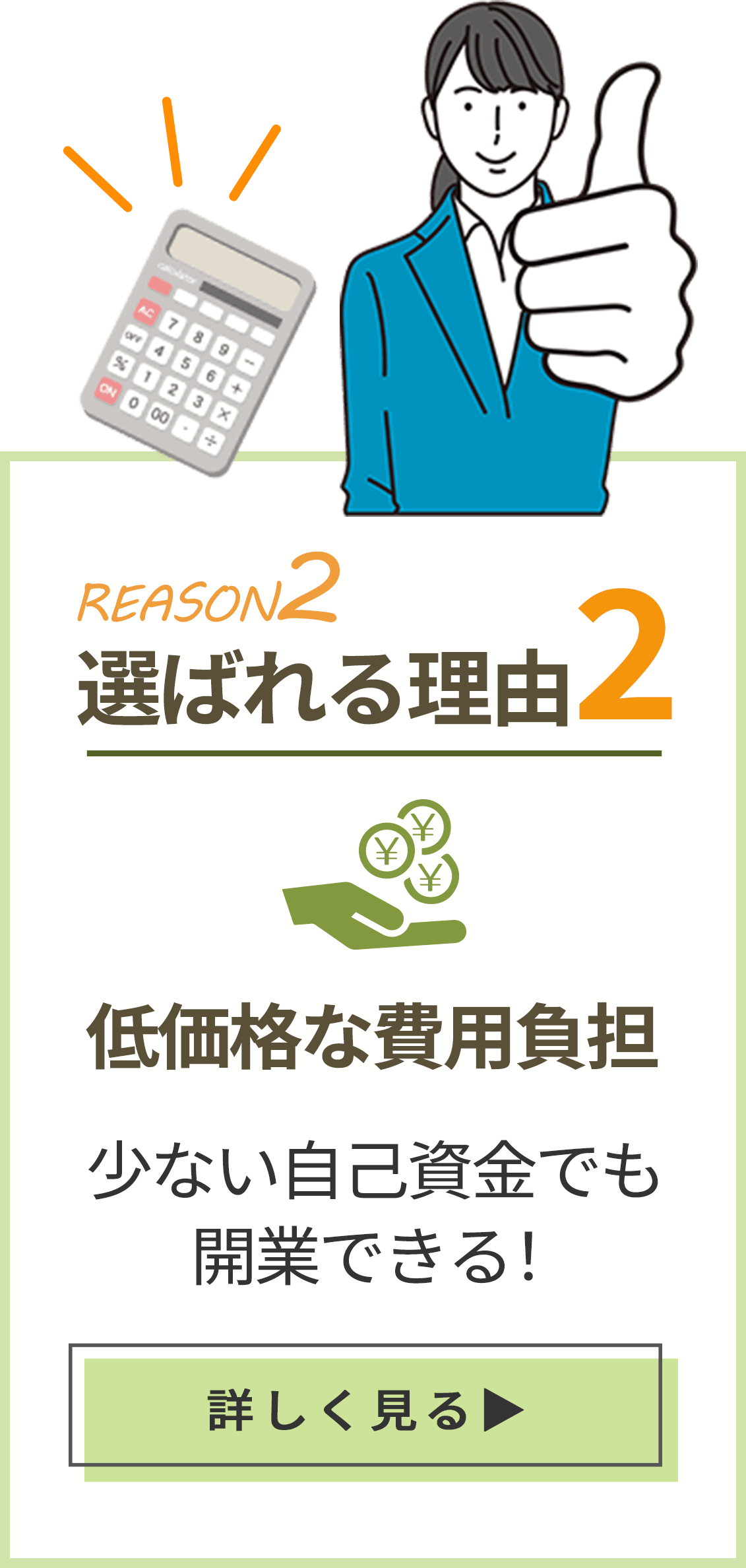 選ばれる理由2 低価格な費用負担 少ない自己資金でも開業できる！